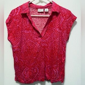 Rachel Zoe Red and Pink 100% Linen Short-Sleeve Collared V-Neck Top Size Large